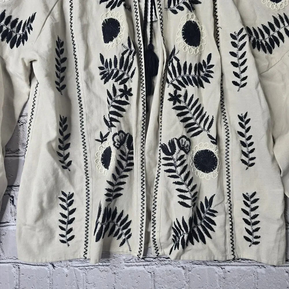 Zara Woman Cotton Linen Beige Black Stitch Embroidered Tassel Blouse New Size XS - Picture 4 of 12